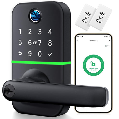 KUCACCI keypad smart door lock front view, quick access with fingerprint and code.