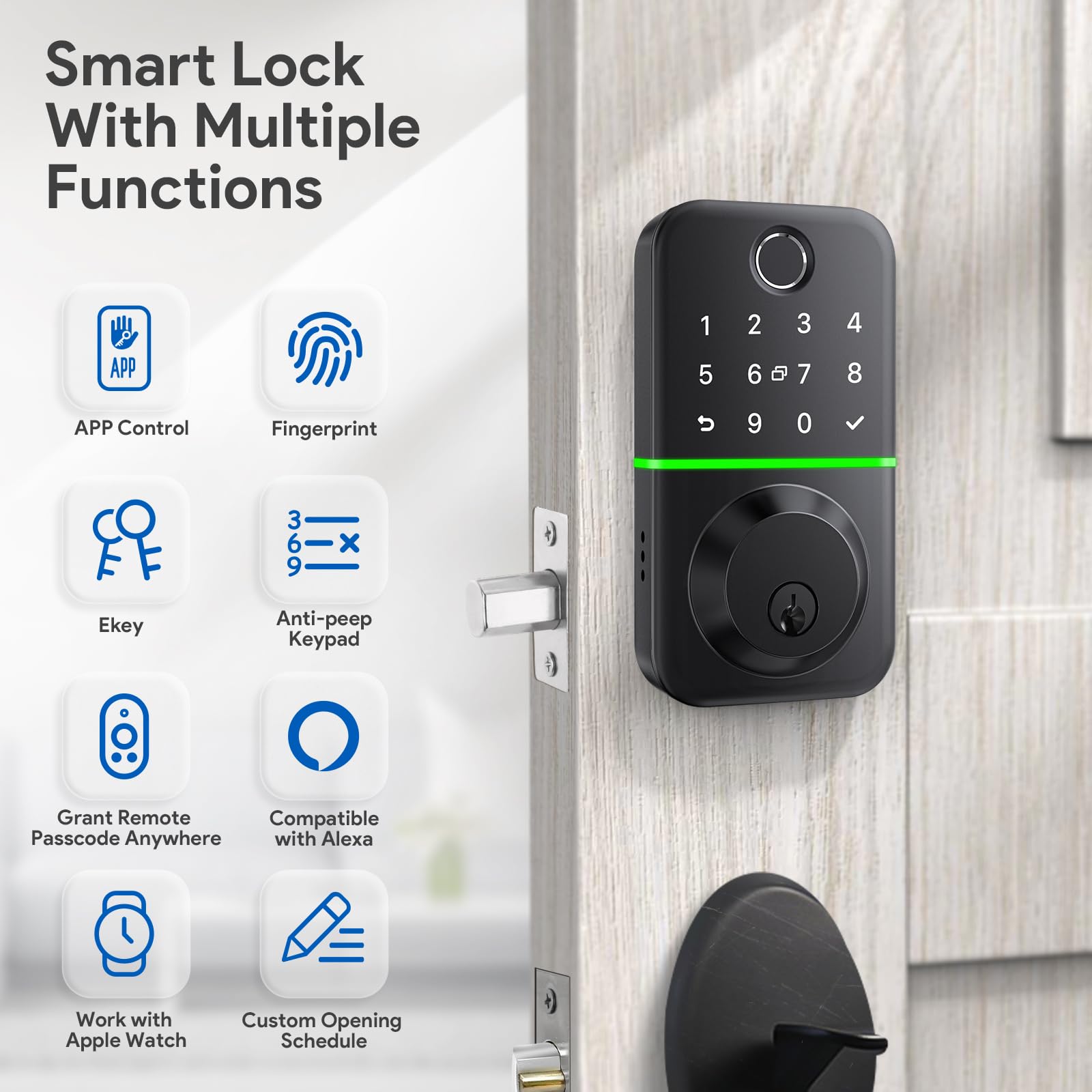 KUCACCI smart door lock showing Bluetooth app control for setup.