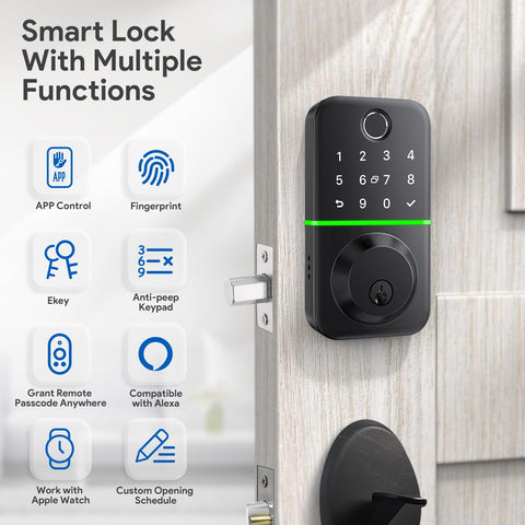 KUCACCI smart door lock showing Bluetooth app control for setup.