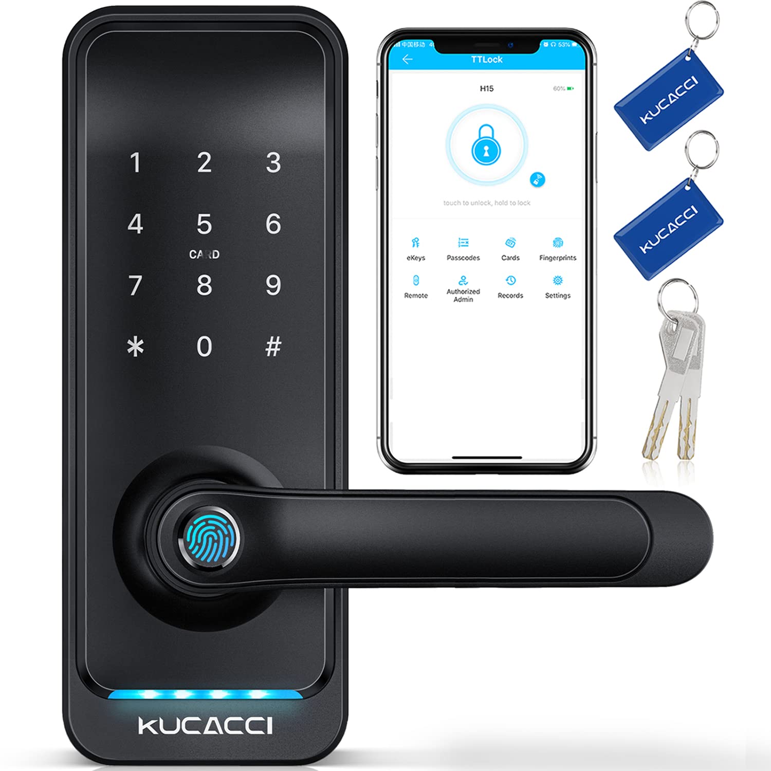 KUCACCI smart door lock with handle front view, quick keyless entry for busy households