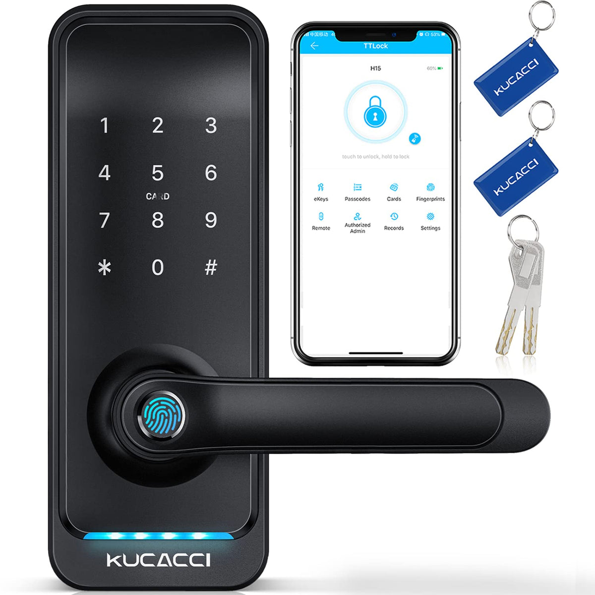 KUCACCI smart door lock with handle front view, quick keyless entry for busy households