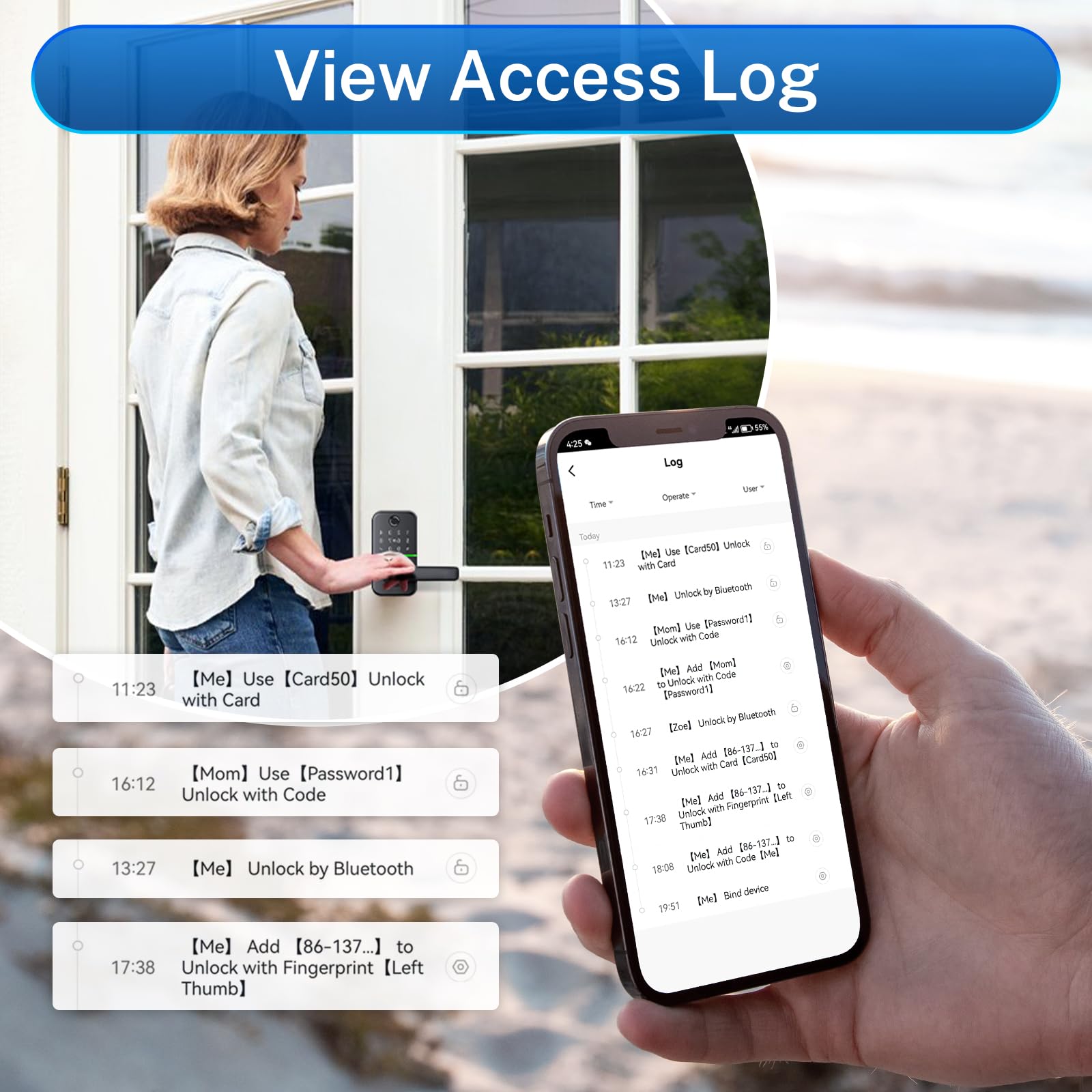 Remote lock control via the Kucacci Tuya gateway app on mobile.