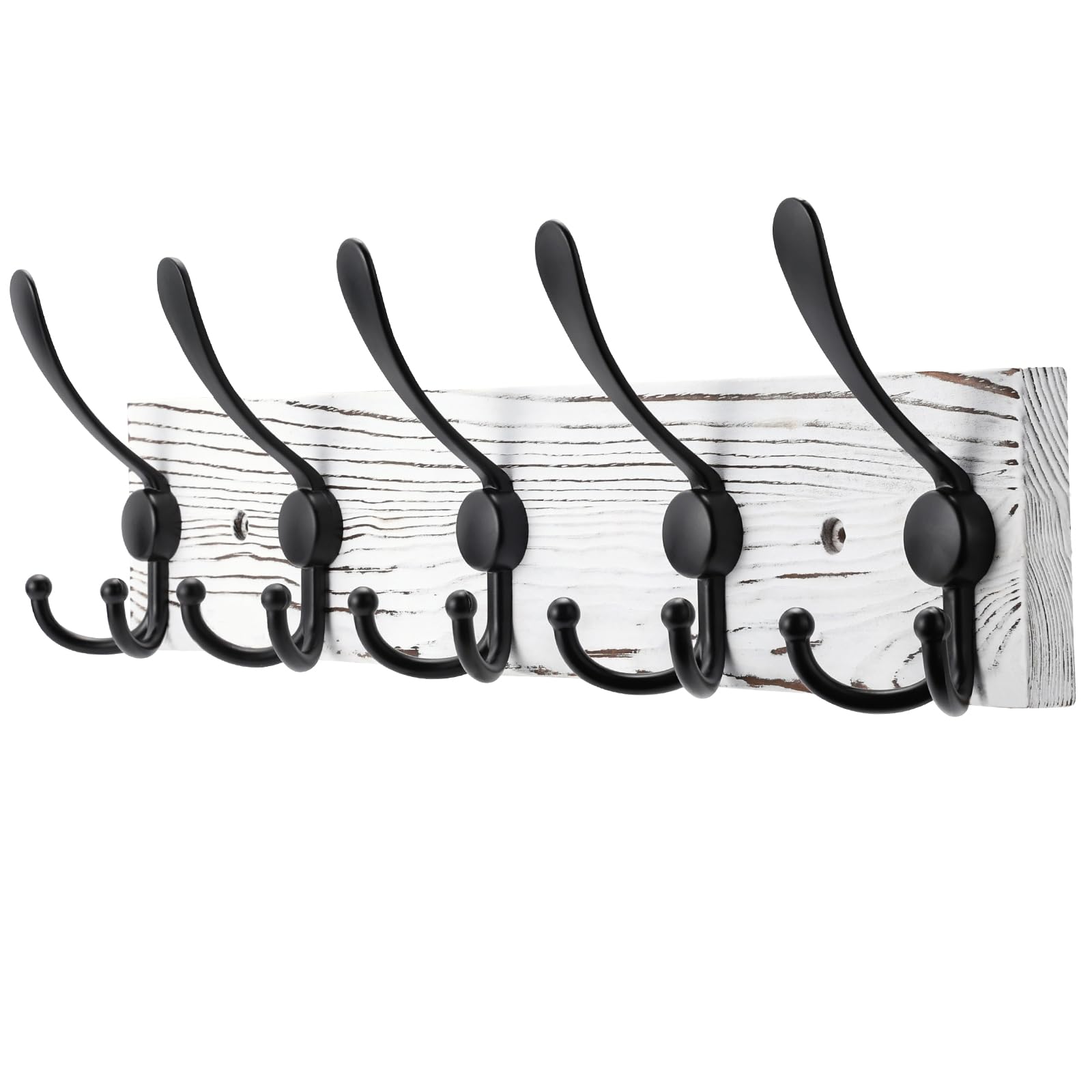 Kuhome wall-mounted coat rack with white pine plank and five black triple hooks for organized entryways