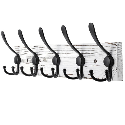 Kuhome wall-mounted coat rack with white pine plank and five black triple hooks for organized entryways