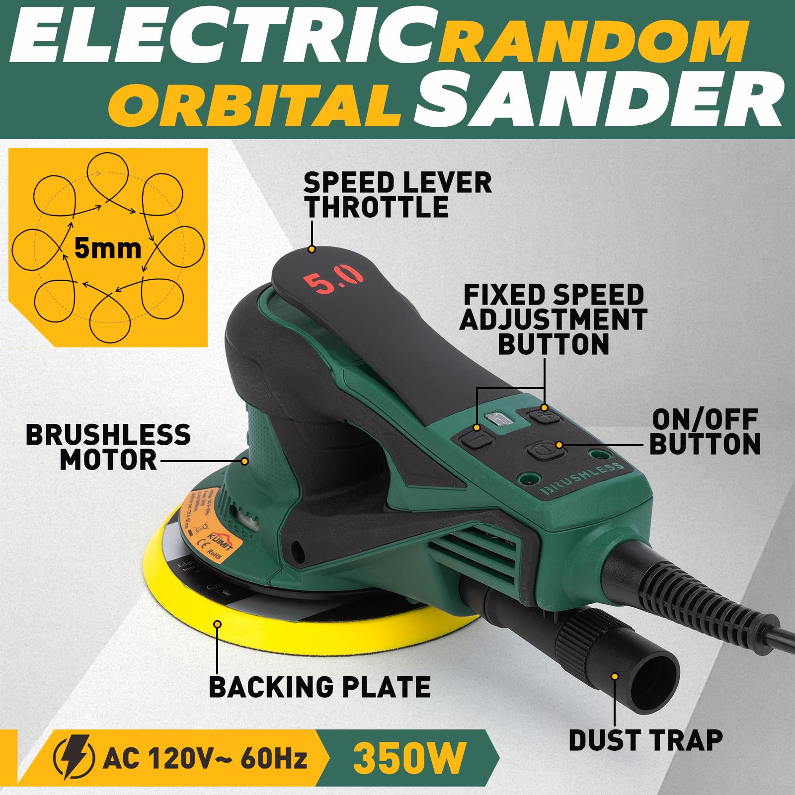 KUIMIT Pro-Grade Orbital Sander with a 6-inch pad for faster material removal on large surfaces.