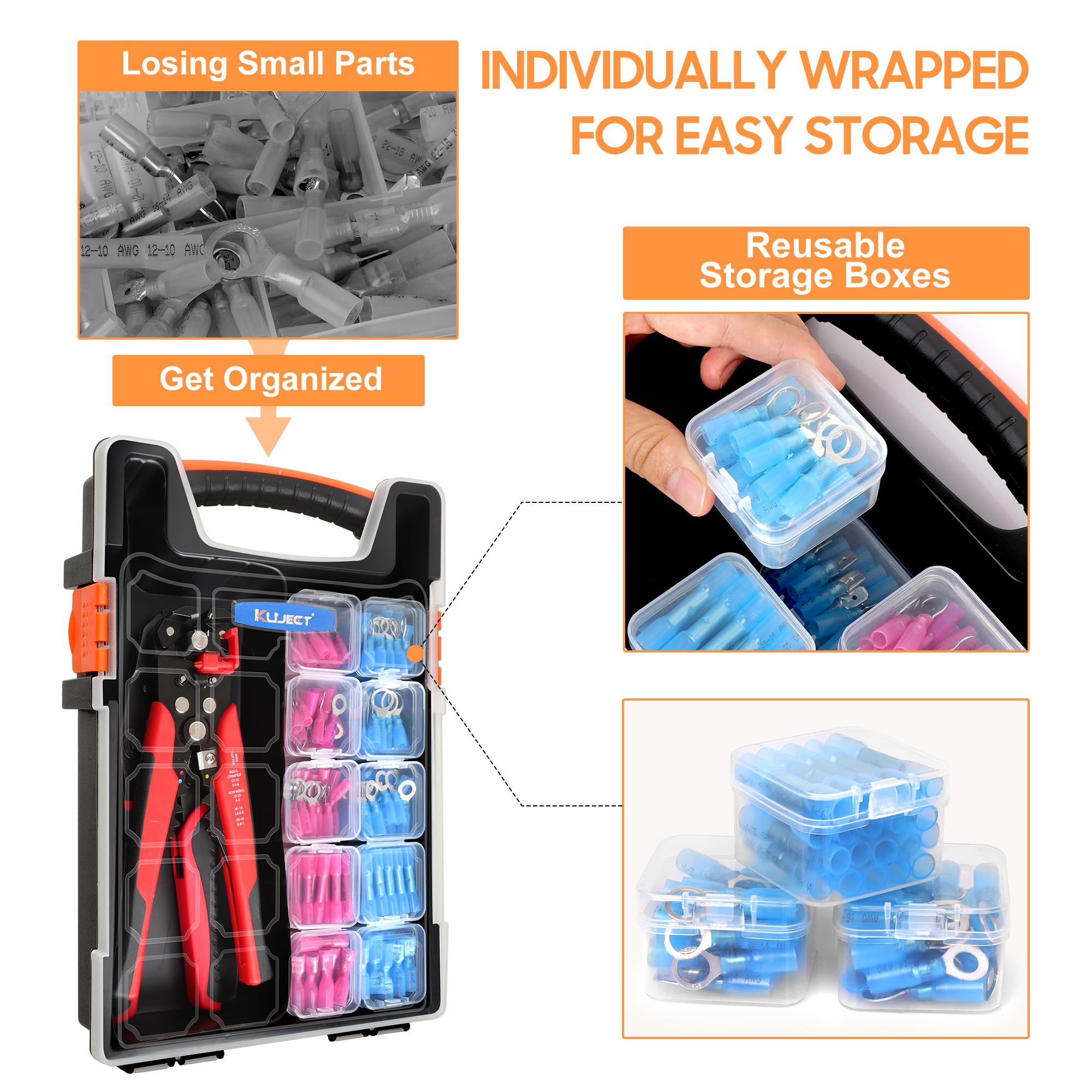 Kuject 340-piece heat shrink connectors organized by color for reliable wiring.