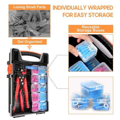 Kuject 340-piece heat shrink connectors organized by color for reliable wiring.