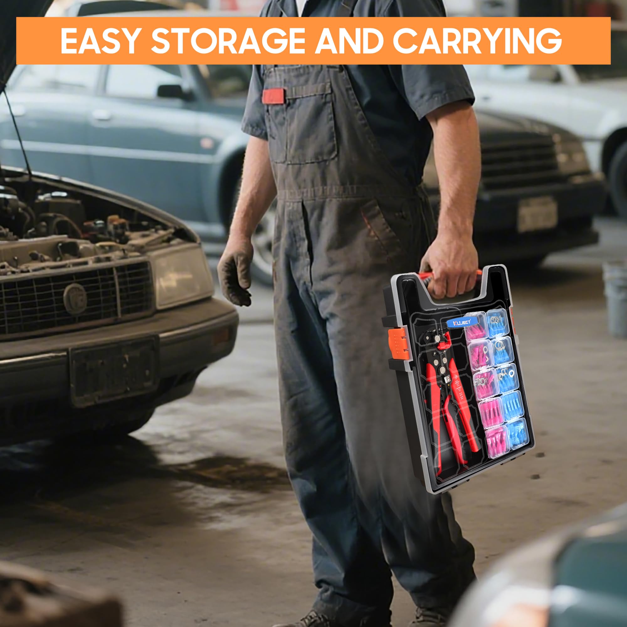 Kuject case with 20 compartments keeps parts separated for neat setups.