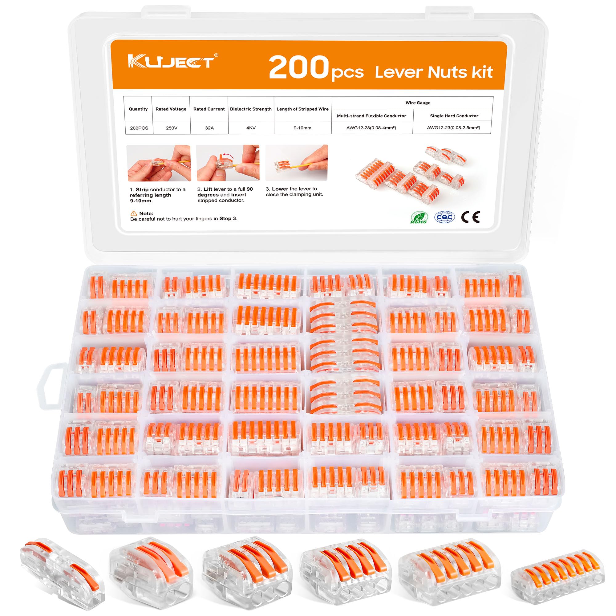 Kuject lever nut connector 2-port enabling quick, tool-free wiring in tight spaces