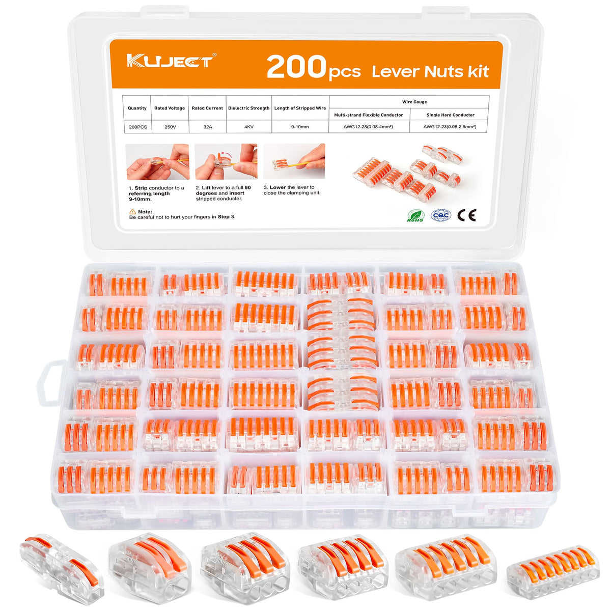 Kuject lever nut connector 2-port enabling quick, tool-free wiring in tight spaces