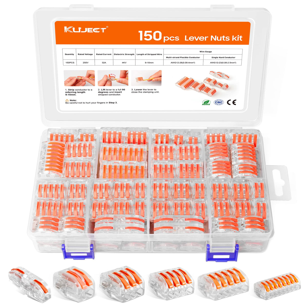 Kuject lever wire nuts kit 150pc package for versatile wiring projects