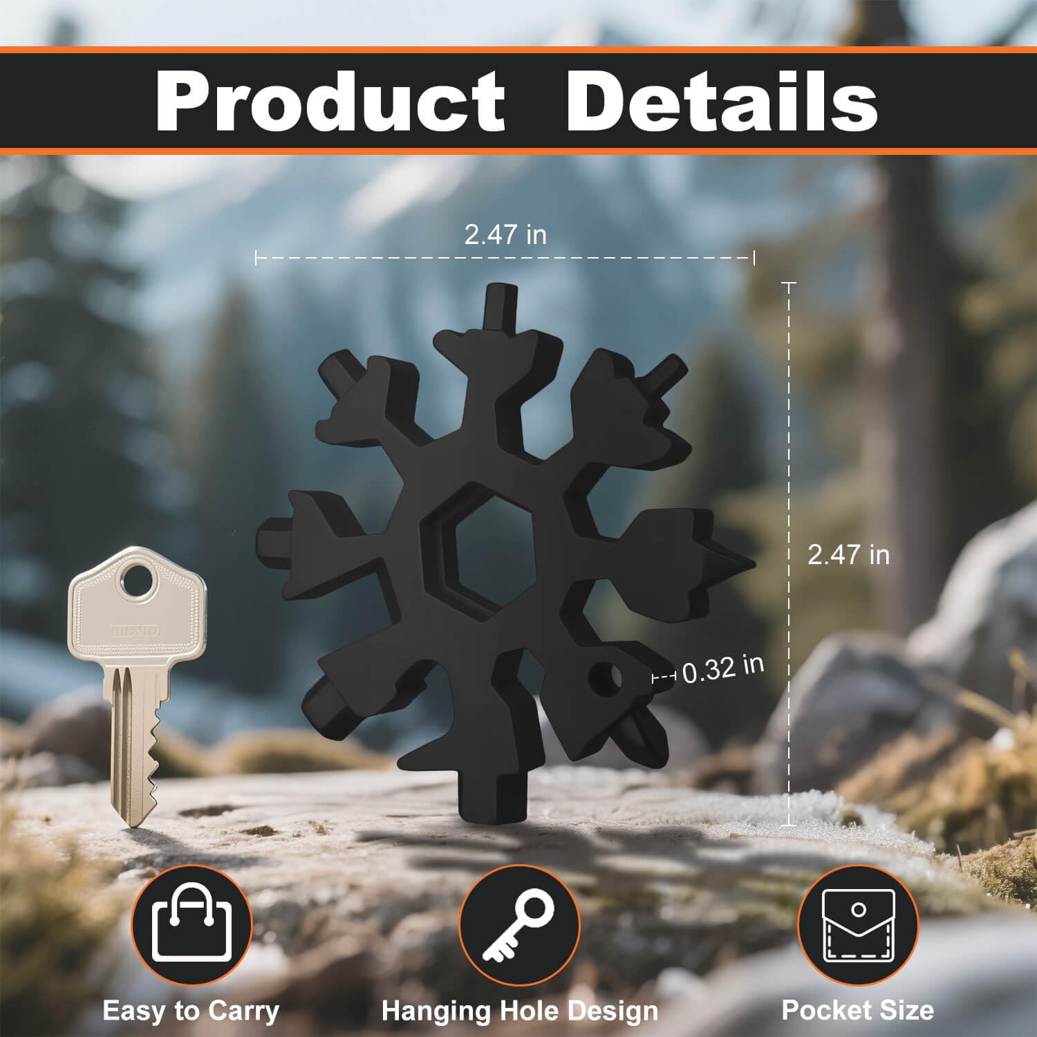 KULOLO Snowflake multitool with carabiner clip for quick attachment