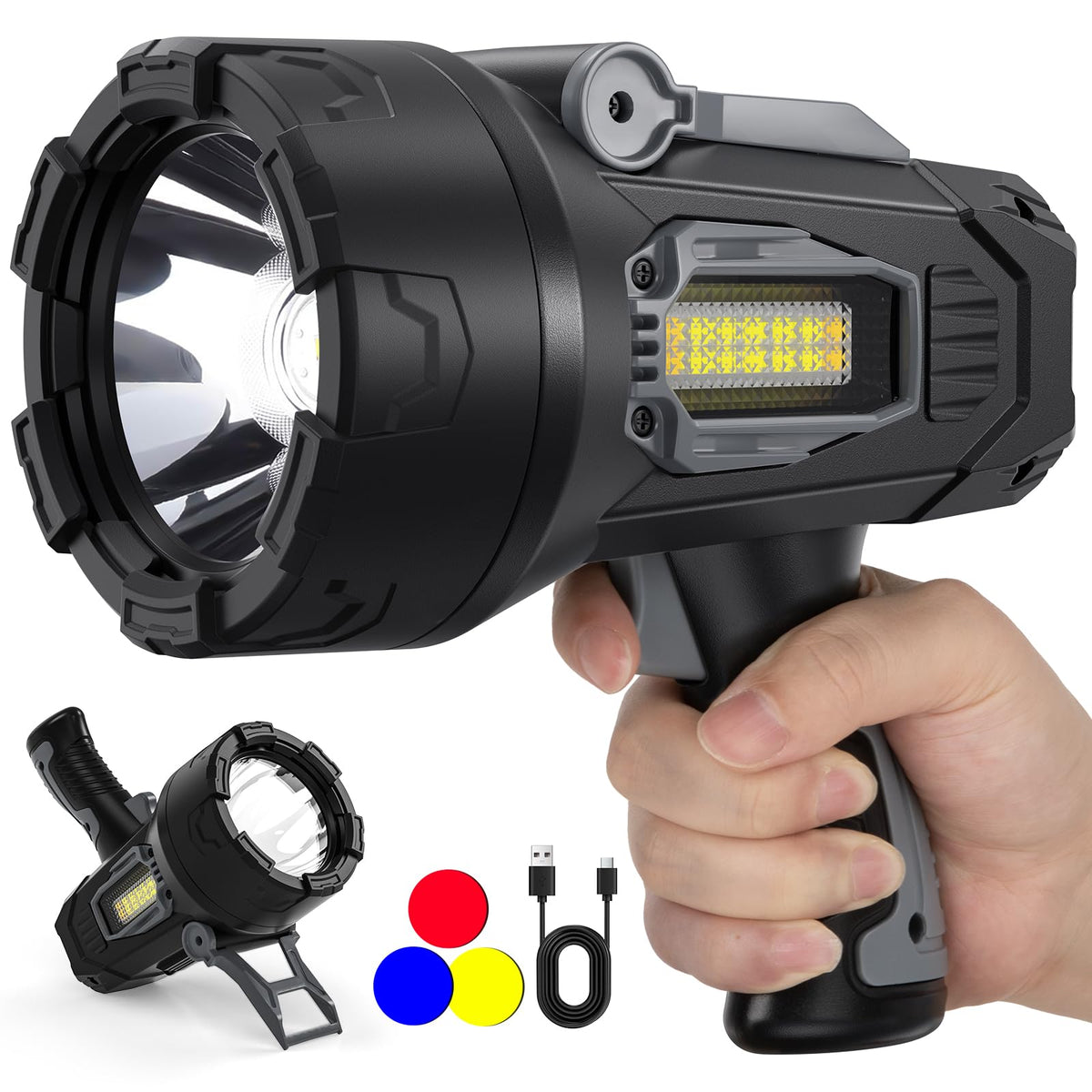 Kungf Rechargeable Spotlight front view with 99000 lumens for enhanced night visibility.