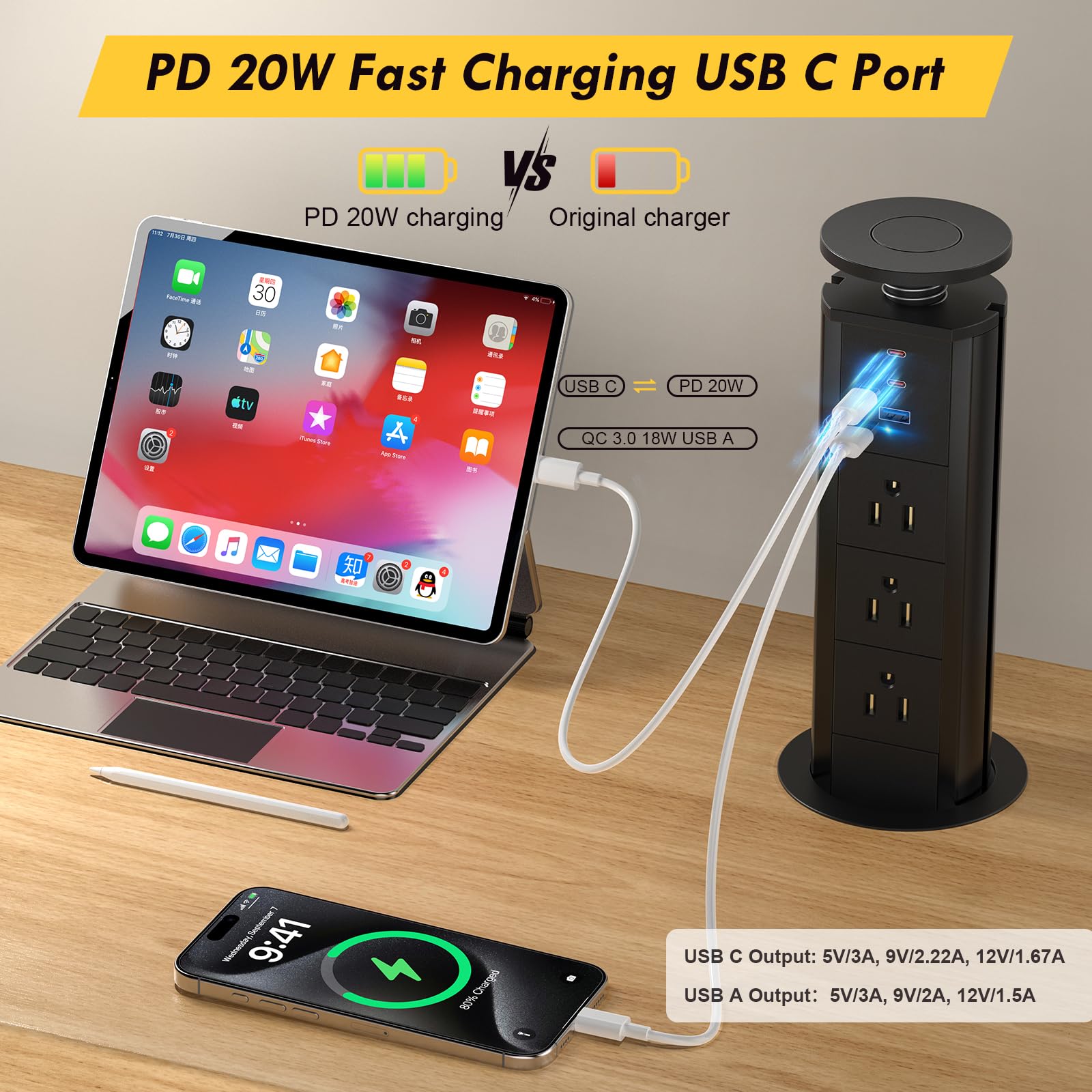Kungfuking pop up outlet with 3 AC outlets for versatile device charging