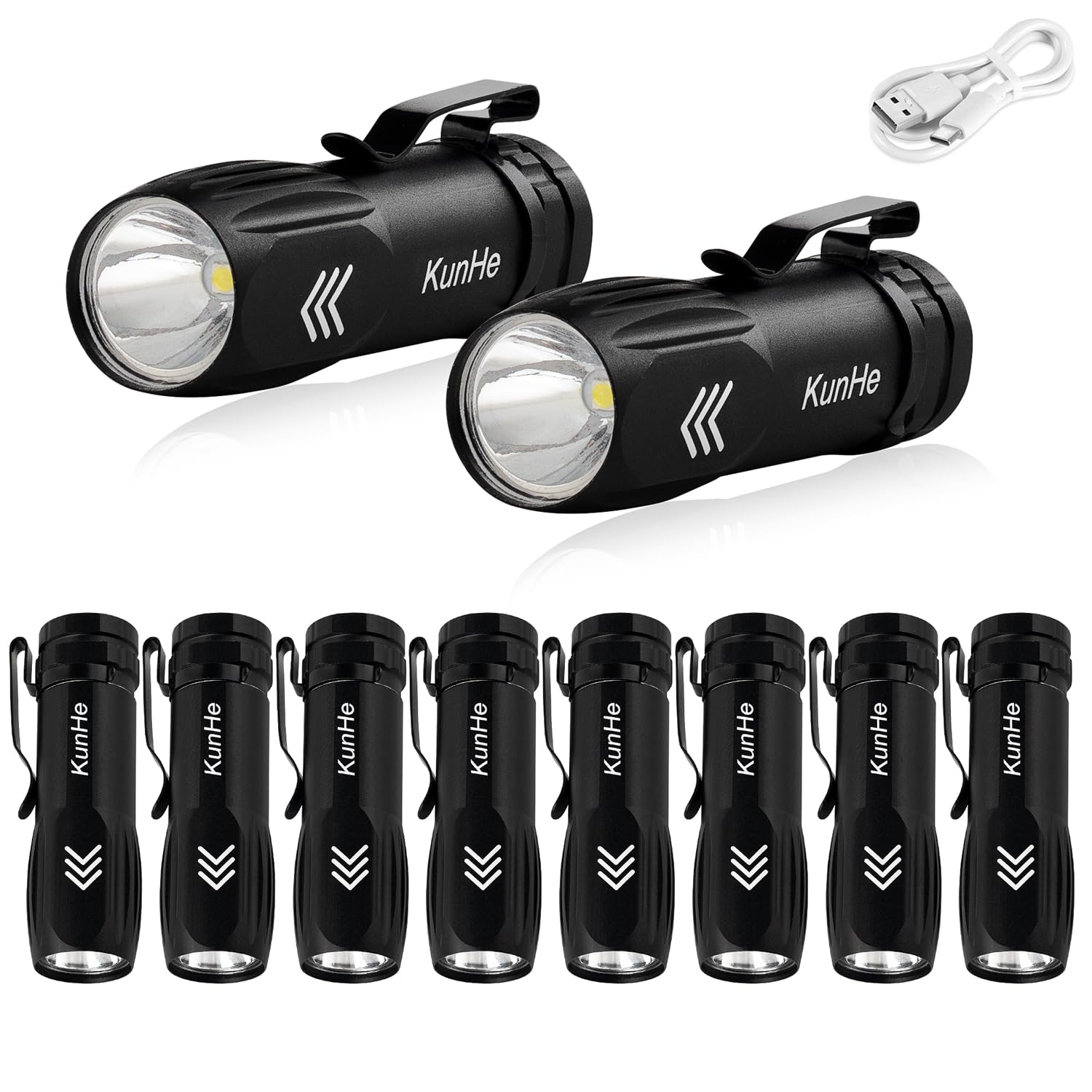 KunHe 10-pack USB-C rechargeable flashlights ready for portable on-the-go lighting.