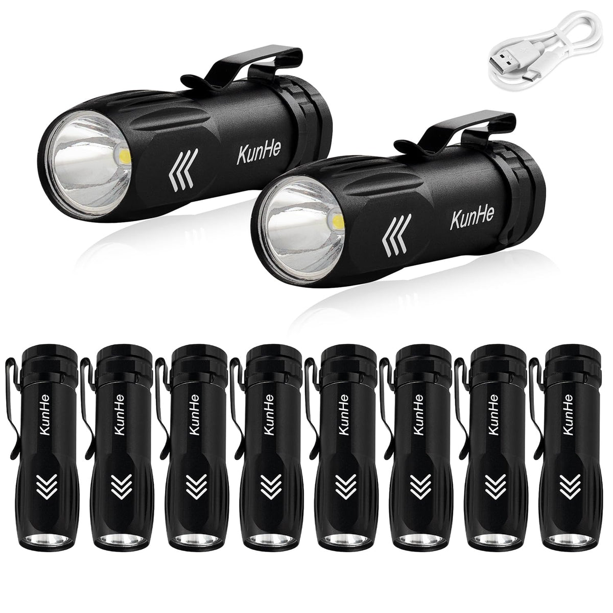 KunHe 10-pack USB-C rechargeable flashlights ready for portable on-the-go lighting.