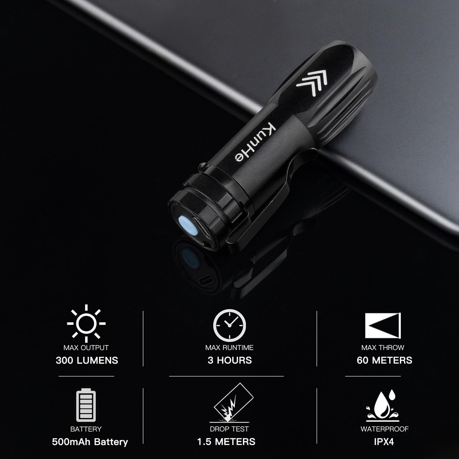 KunHe compact 3.7-inch flashlight highlighting slim, lightweight pocket-friendly design.