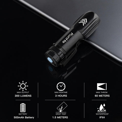 KunHe compact 3.7-inch flashlight highlighting slim, lightweight pocket-friendly design.