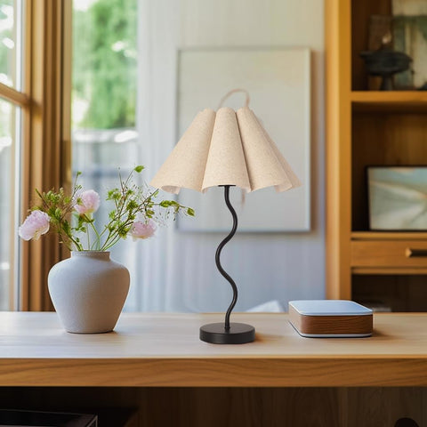 KUNJOULAM bedside lamp in black base adds modern minimalism.