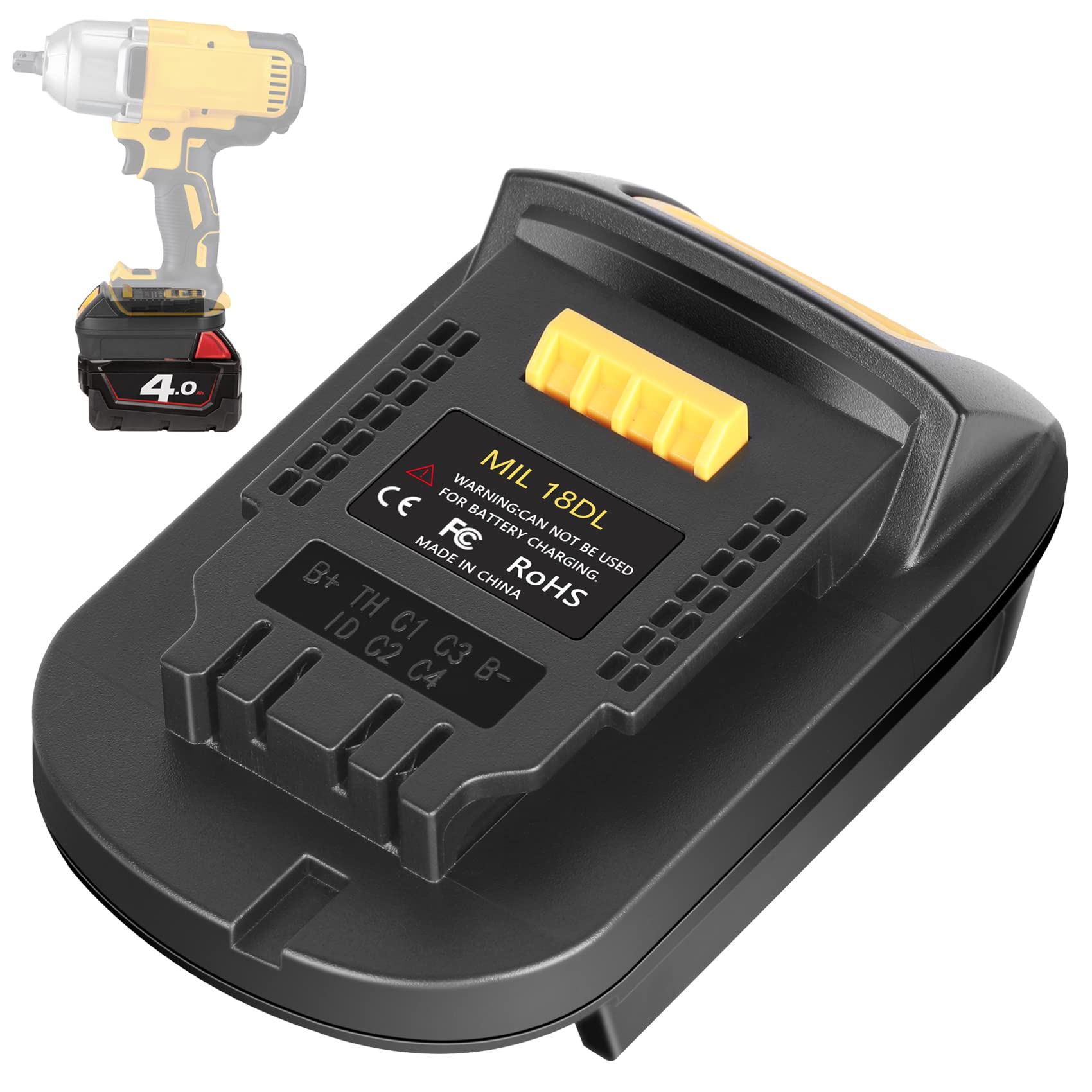 KUNLUN MIL18DL adapter in side view ready to convert Milwaukee to Dewalt power