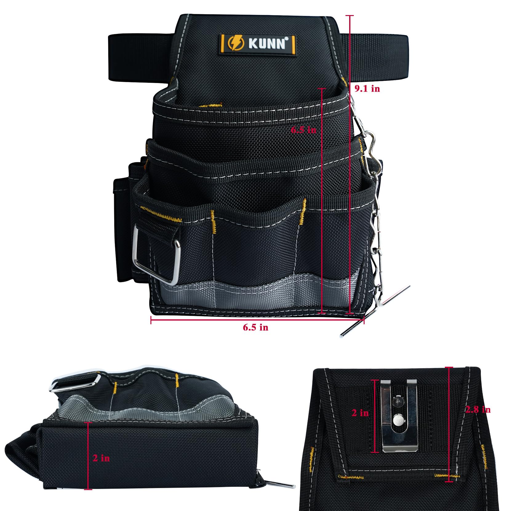 KUNN pouch shows electrical tape holder and ring for quick access.