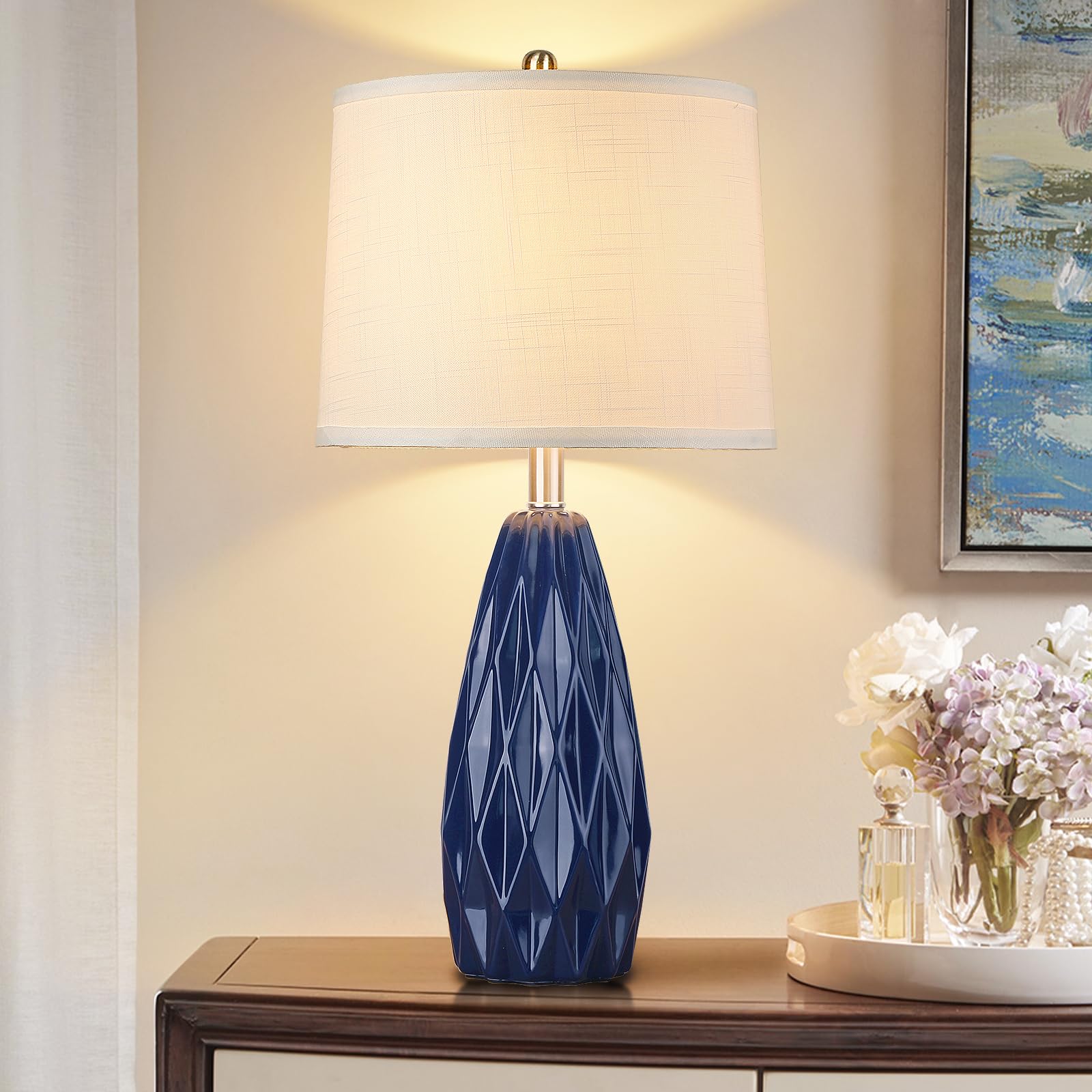 KunruiTAI 25-inch navy blue lamp with geometric ceramic body for modern living spaces.