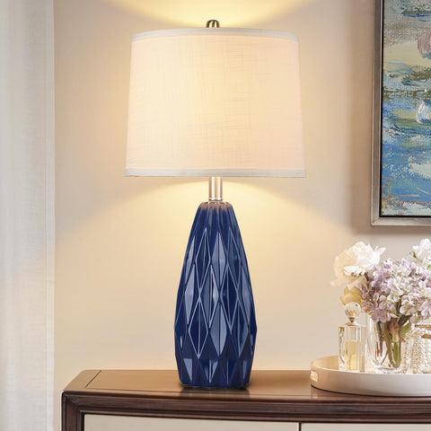 KunruiTAI 25-inch navy blue lamp with geometric ceramic body for modern living spaces.