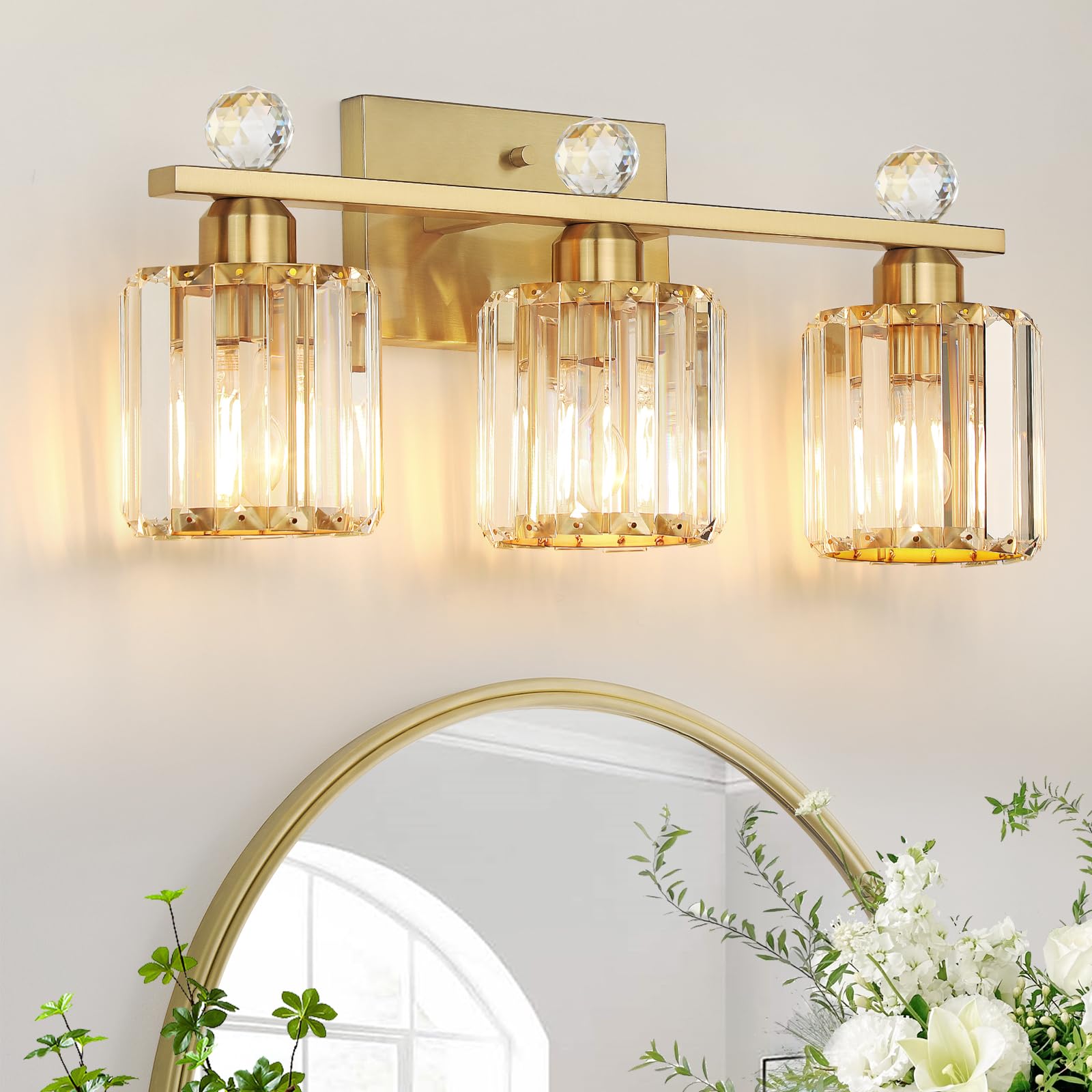 KunruiTAI 3-light gold bathroom light fixture with crystal shade for a bright vanity