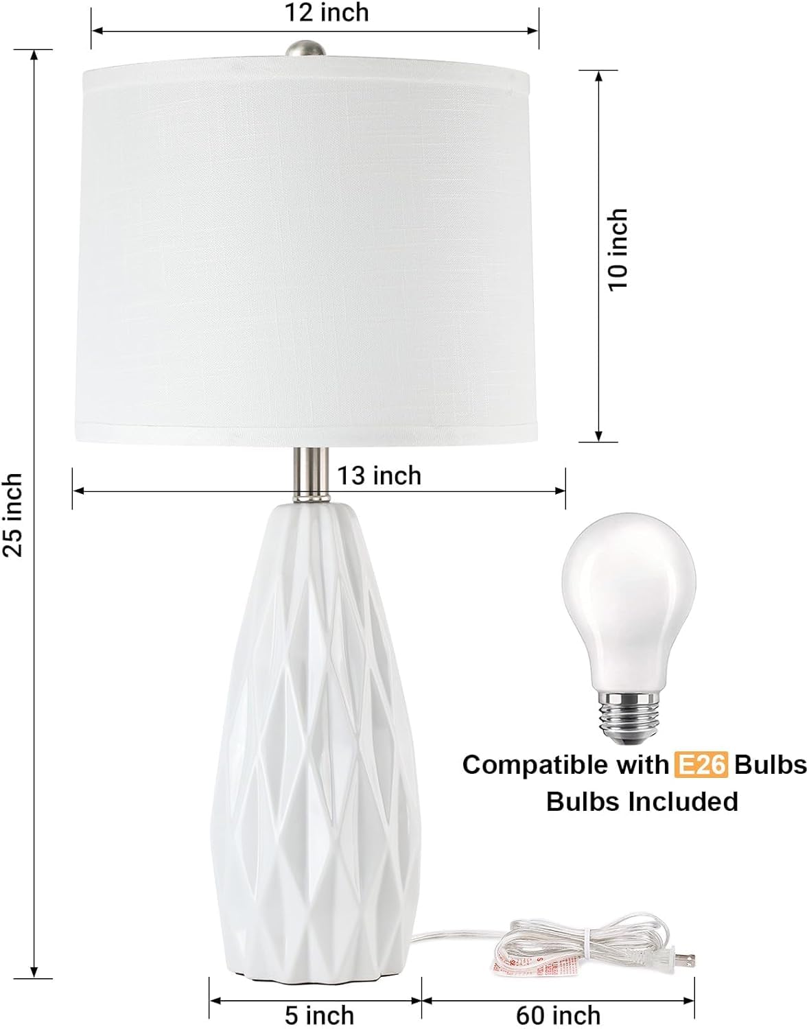 KunruiTAI white ceramic table lamp dimmable for bedroom or living room