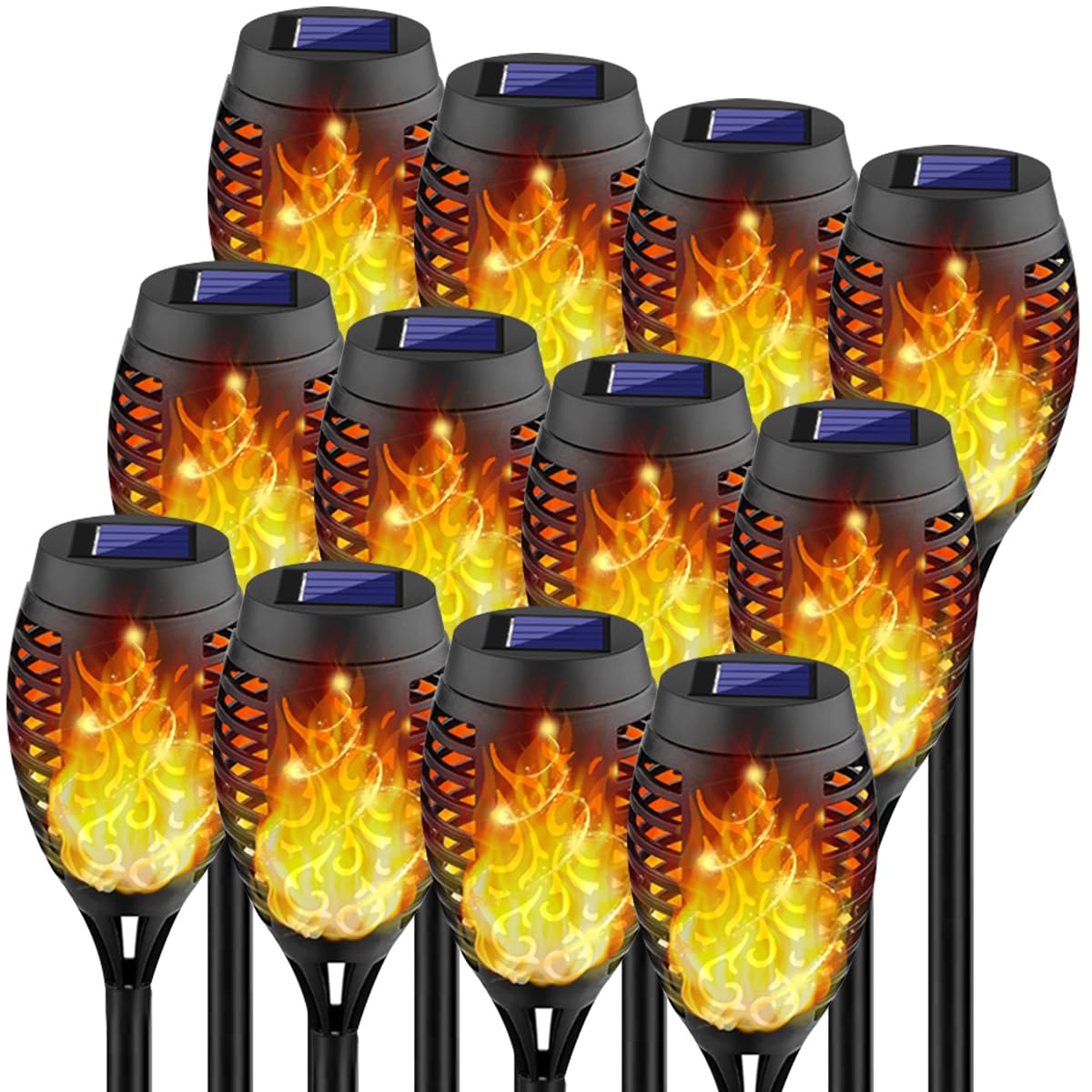 Kurifier 12-pack flame torch lights package with warm flickering glow for outdoor spaces
