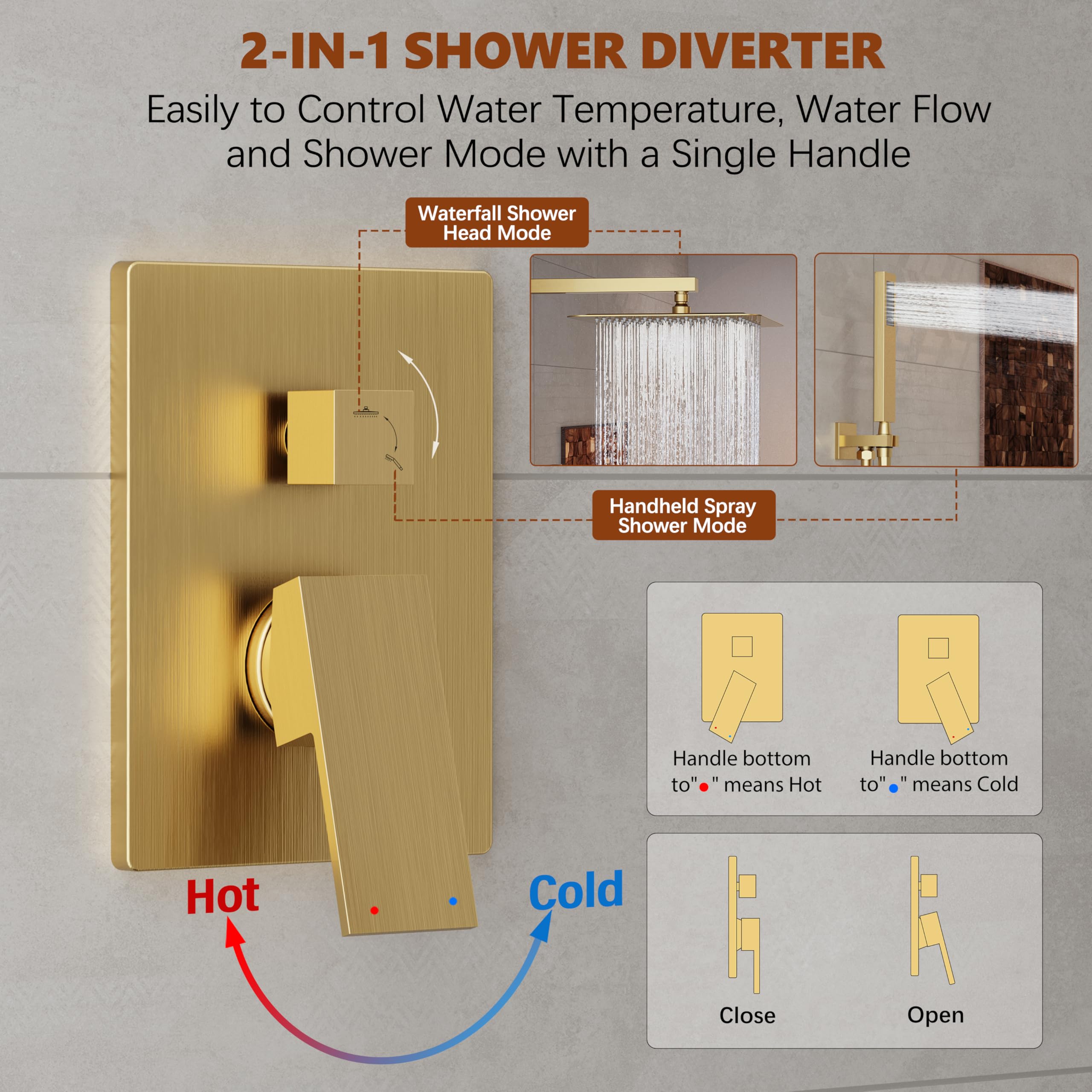 Kurpot 2-in-1 diverter enables smooth shower mode switching.