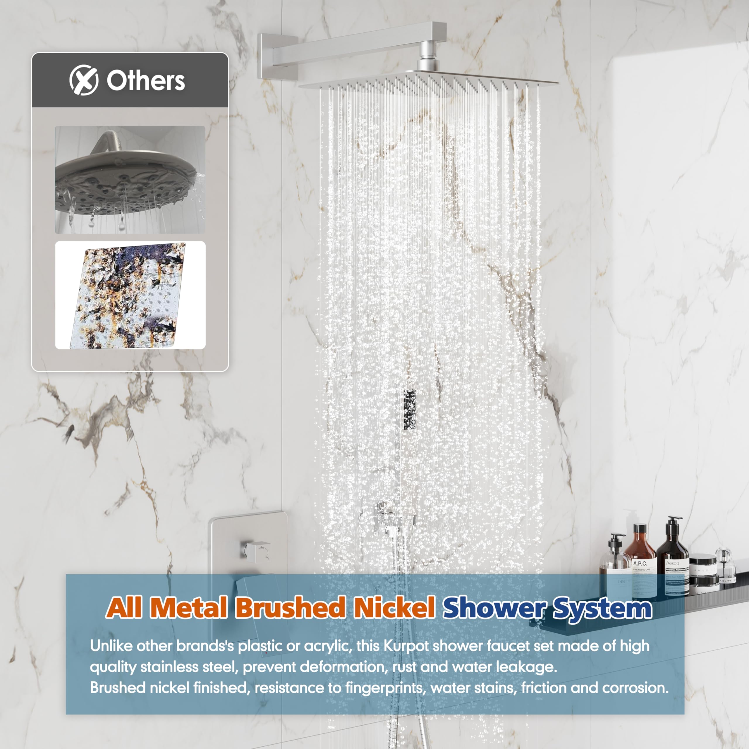 Kurpot brushed nickel shower head and handheld combo with durable steel