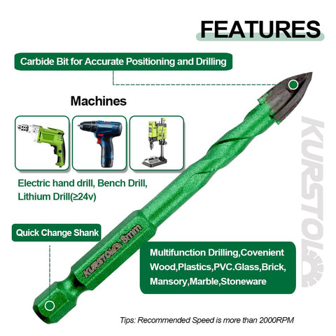 KURSTOL bits drilling wood, tile, and brick demonstrate multi-material capability