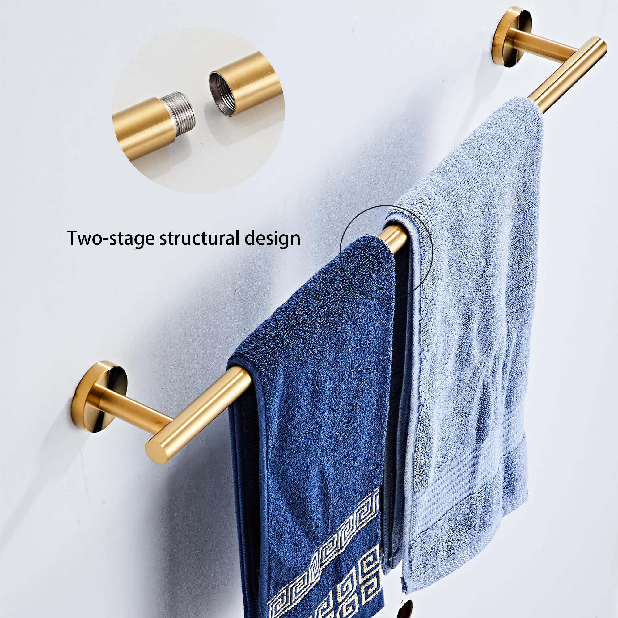 KUUBTH brushed gold 23-6-inch towel bar mounted on wall for easy access