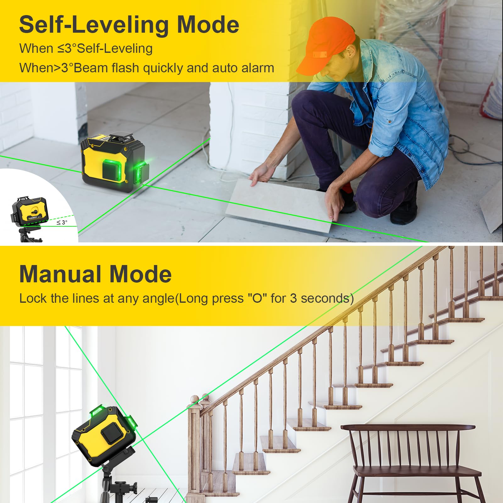 Kuzinoy Laser Level vertical beams aid floor-to-ceiling alignment during installation.