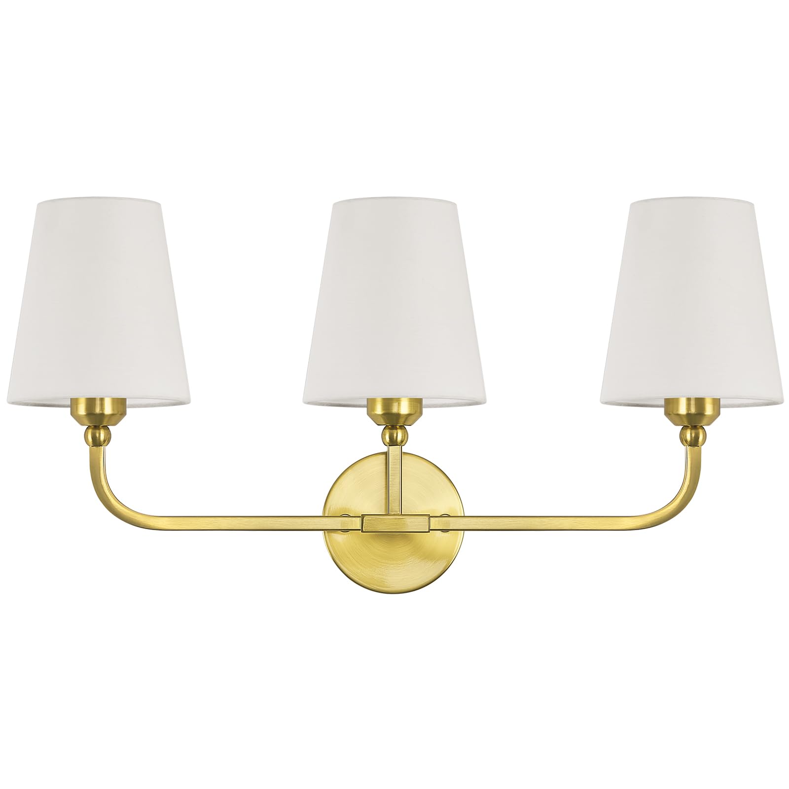 Kvhiiw three-light vanity with brushed gold finish provides cohesive bathroom lighting.