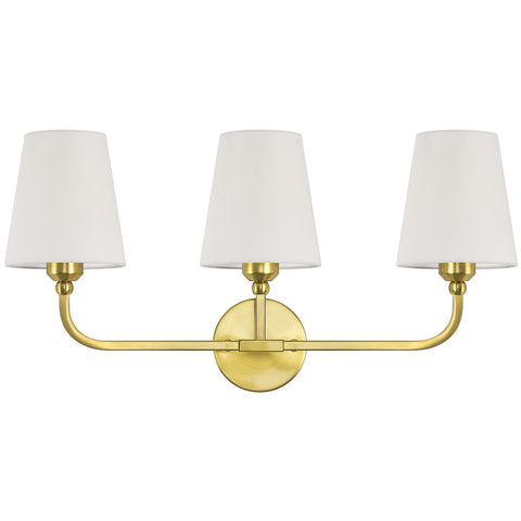 Kvhiiw three-light vanity with brushed gold finish provides cohesive bathroom lighting.