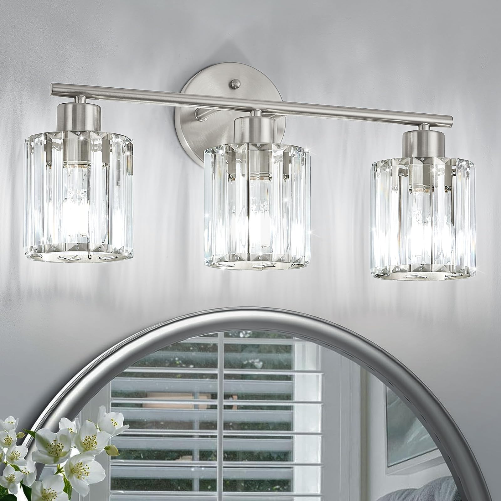Kvhiiw crystal bathroom light with 3-light brushed nickel enhances mirror illumination for grooming