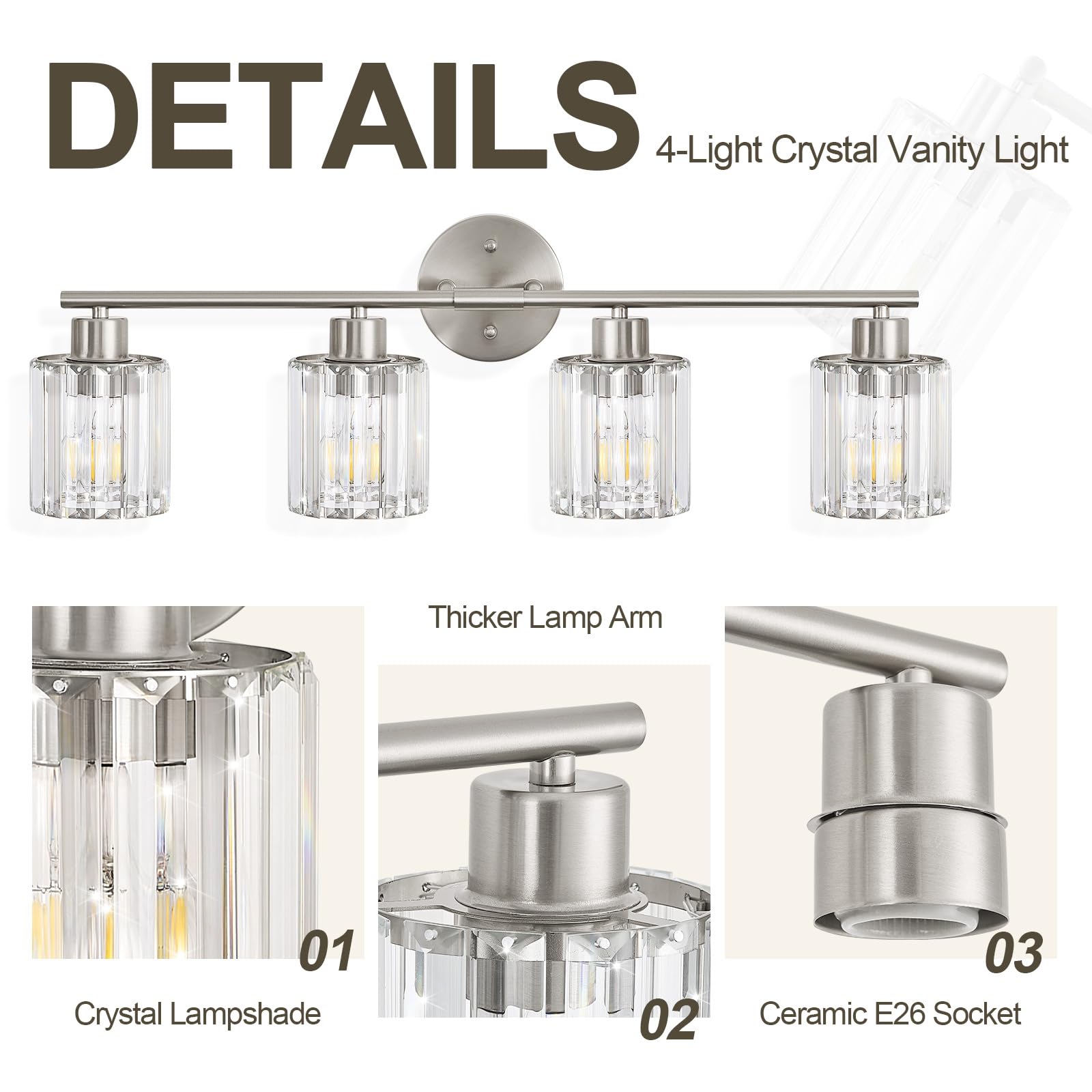 Kvhiiw crystal vanity light close-up of crystal facets and nickel frame