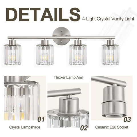 Kvhiiw crystal vanity light close-up of crystal facets and nickel frame