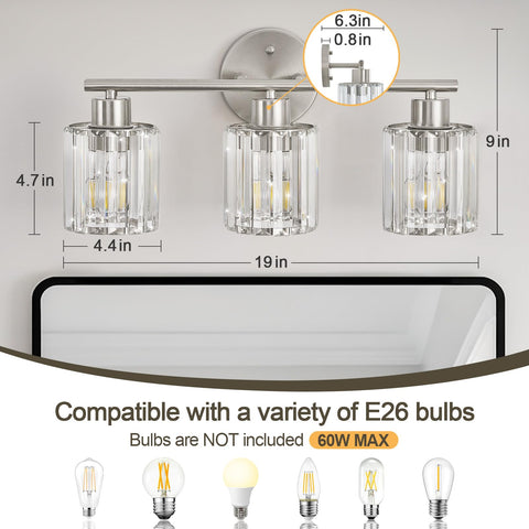 Kvhiiw vanity light over the mirror in brushed nickel creates soft, even bathroom lighting