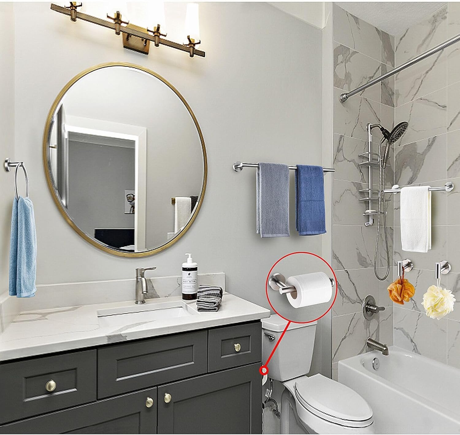 Kwanicas brushed nickel hand towel ring for compact, stylish reach