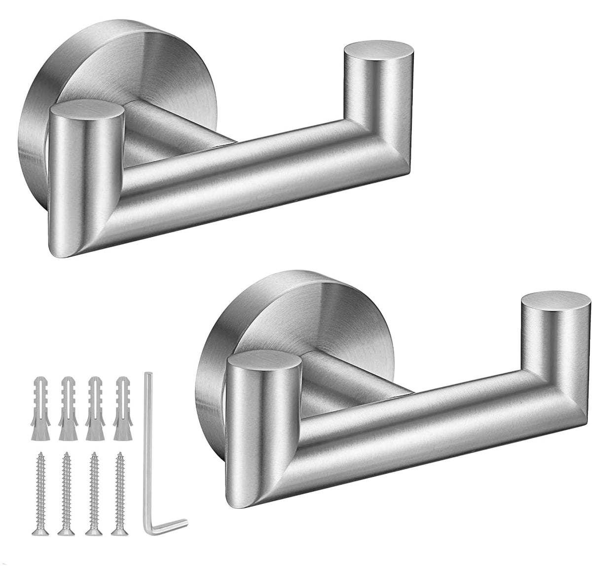Kwanicas brushed-nickel-towel-hook-pair mounted in a contemporary bathroom.