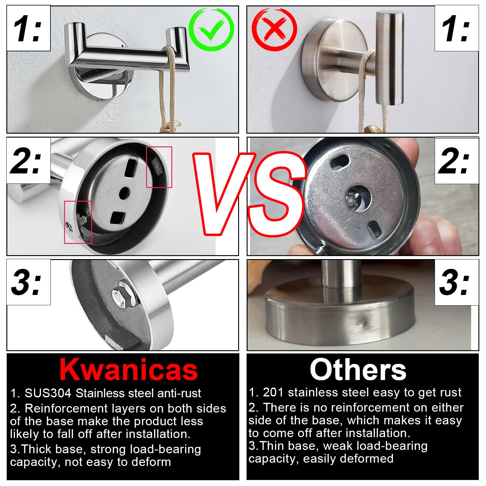 Kwanicas packaged towel hook with hardware for easy installation.