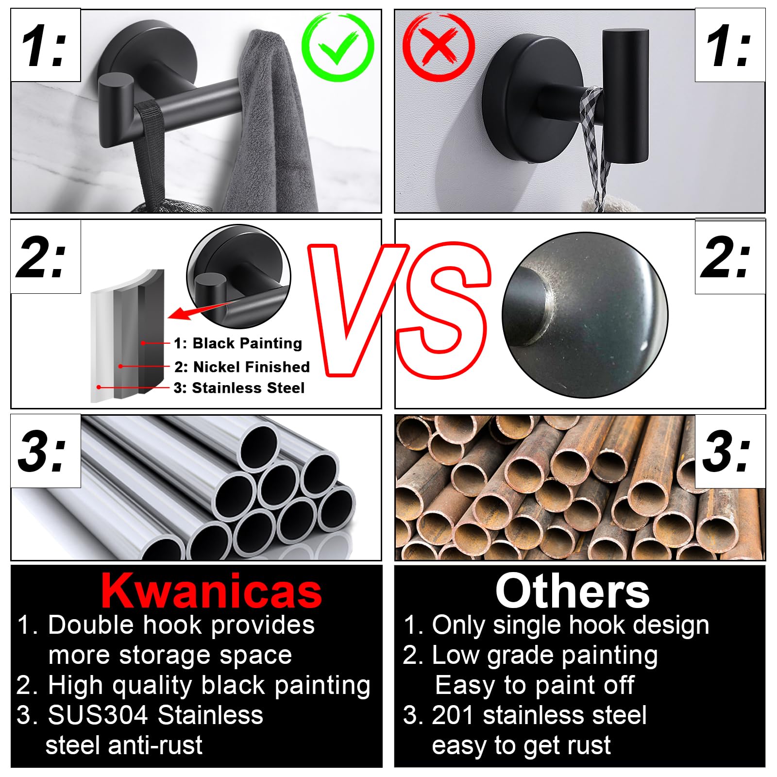 Kwanicas SUS304 stainless steel bathroom hook resists rust in humid environments.