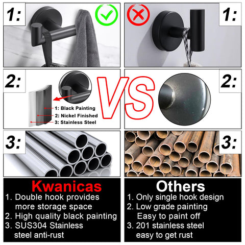 Kwanicas SUS304 stainless steel bathroom hook resists rust in humid environments.