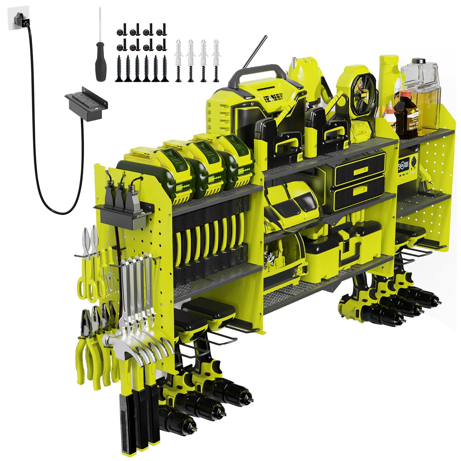 Kweetle 45-inch power tool organizer with charging station shown mounted on wall for organized drilling and charging
