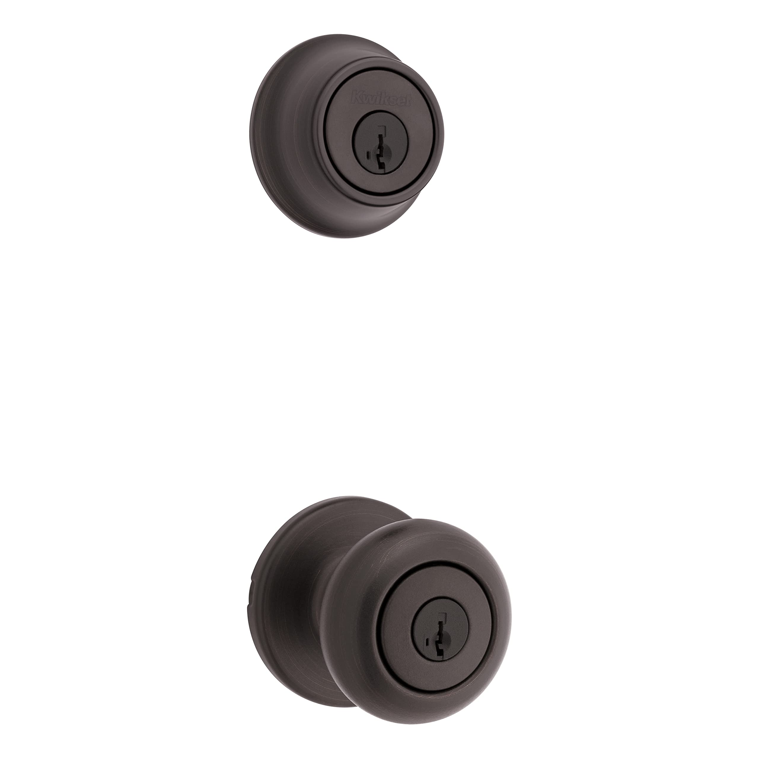 Kwikset 690 Cove keyed entry knob in Venetian Bronze showing timeless colonial style.