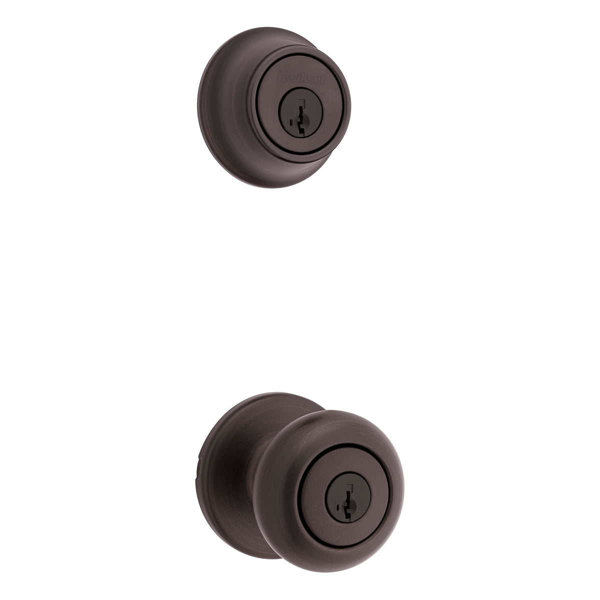 Kwikset 690 Cove keyed entry knob in Venetian Bronze showing timeless colonial style.