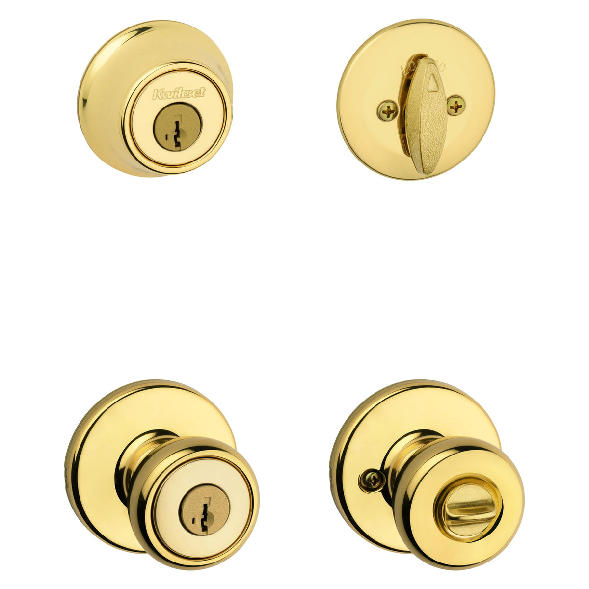 Kwikset 690T polished brass entry knob enhances curb appeal and security.